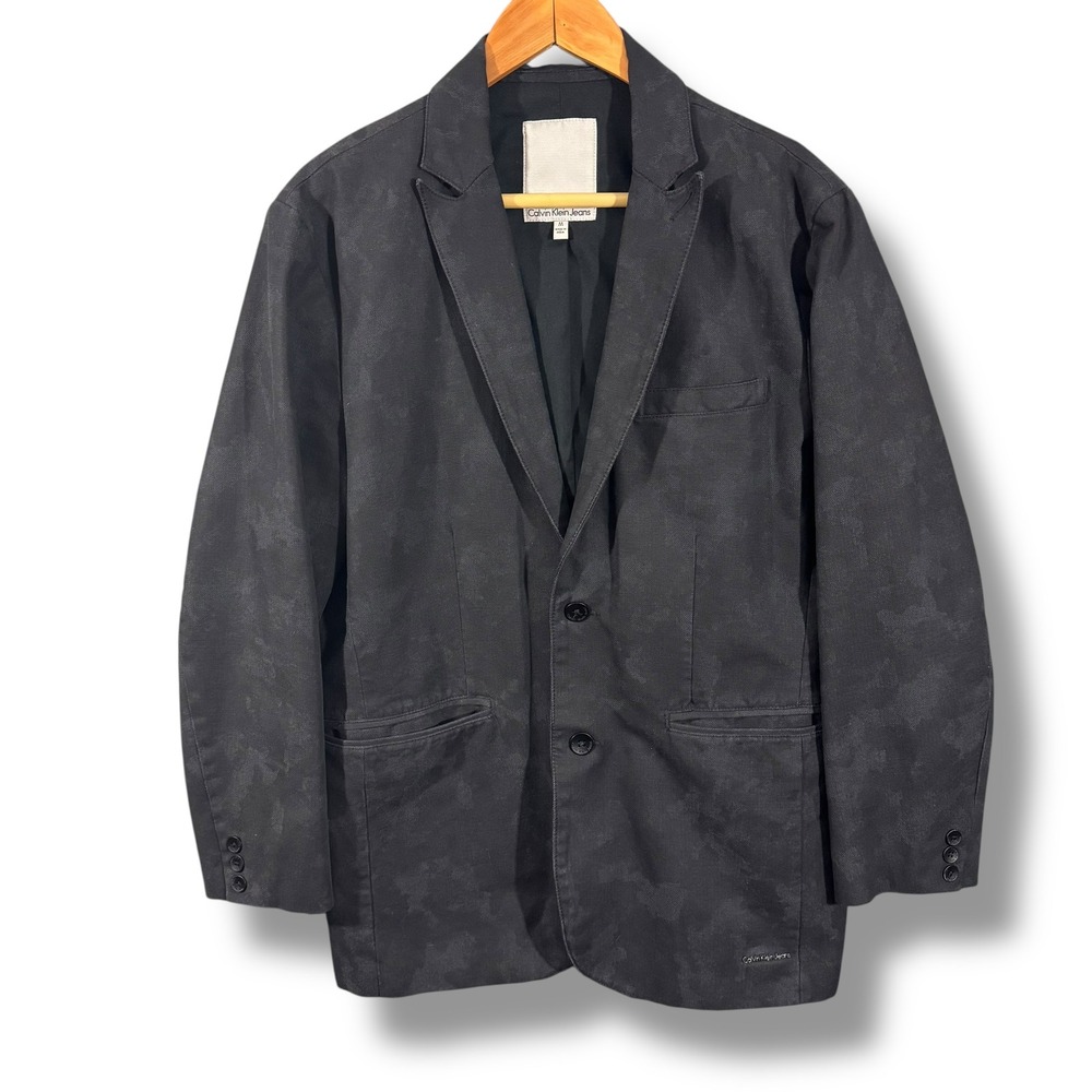 Calvin Klein Jeans Blazer Black Gray Tonal Camo Print Two Button Jacket Medium